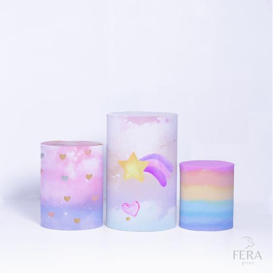 Imagem de Trio Capa Cilindro 3d Festa Infantil Sublimado Veste Fácil C/elástico Unicórnio