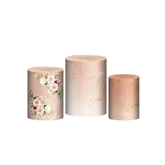 Imagem de Trio Capa Cilindro Floral Mármore 3D Em Tecido Com Elástico