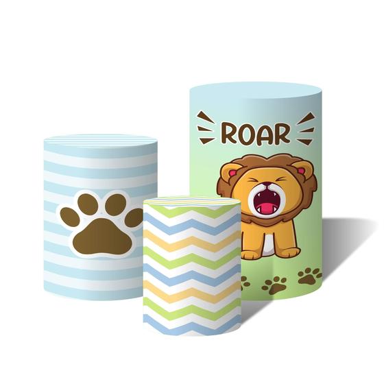 Imagem de Trio Capas Para Cilindro Versátil Leãzinho Cute Roar Pata Listras Chevron C/ Elástico