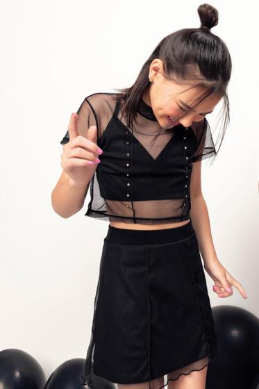 Imagem de Trio de Blusa Cropped Sobreposição e Saia em Tule e Top Cropped em Cotton