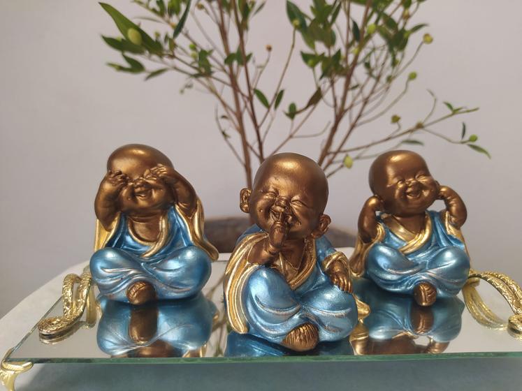 Imagem de Trio de Buda Monge Bebê Cego Surdo e Mudo Azul Decoração