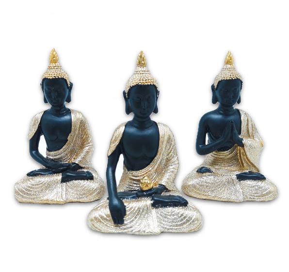 Imagem de Trio de Buda Tailandês da Sabedoria Preto Dourado 12 cm