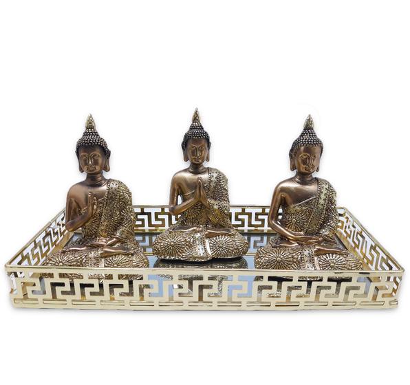 Imagem de Trio de Buda Tailandês Yoga Buda Cobre Brilhante com Bandeja