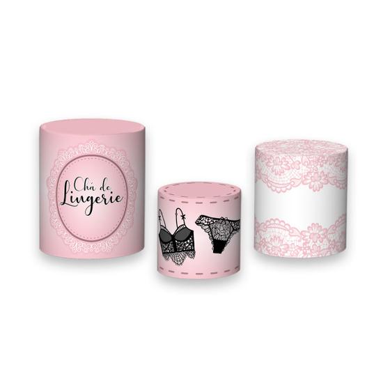 Imagem de Trio De Capa Cilindro 3D - Chá de Lingerie Preta Fundo Rosa 001