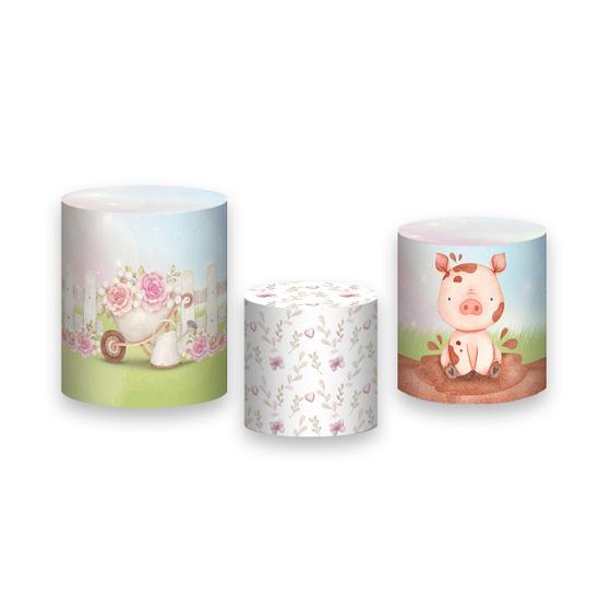 Imagem de Trio De Capa Cilindro - Fazendinha Rosa Celeiro com Flores 013