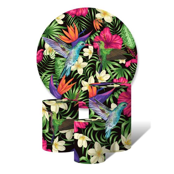 Imagem de Trio de Capas Cilíndricas + Painel Redondo Sublimado c/ Elástico Beija Flor Tropical Folhas Diversas Coloridas