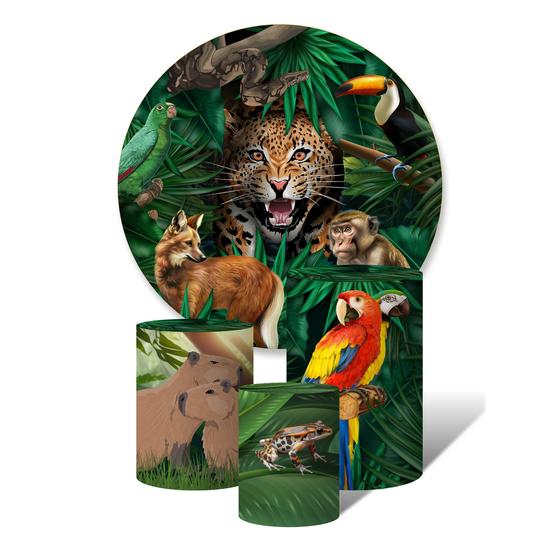 Imagem de Trio de Capas Cilíndricas + Painel Redondo Sublimado C/Elástico Vida Selvagem Animais Floresta Sempre Verde