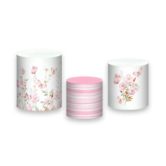 Imagem de Trio de Capas de Cilindro - Jardim Rosa e Verde Pastel com Borboletas 040