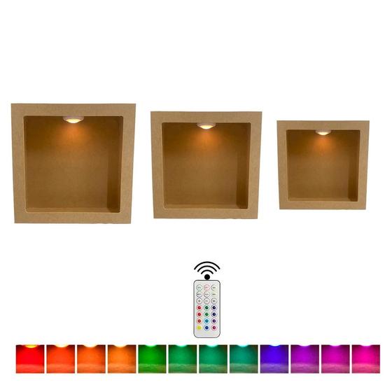 Imagem de Trio de Nicho Quadrado Simples 24x12/ 31x12/ 37x12 Acompanha Kit de 3 Led Colorido com Controle Mdf