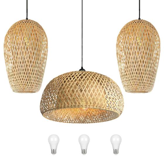 Imagem de Trio De Pendente Fibra Natural Bambu Rustico Com01 + Led