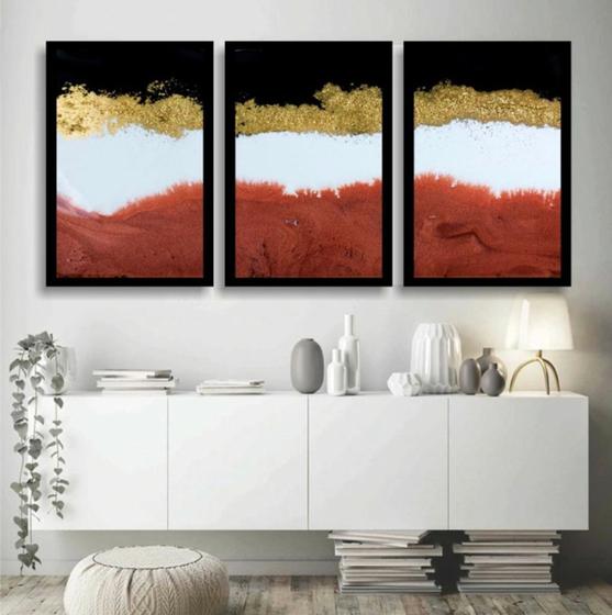 Imagem de Trio de Quadros Abstratos Vermelho, Branco, Dourada