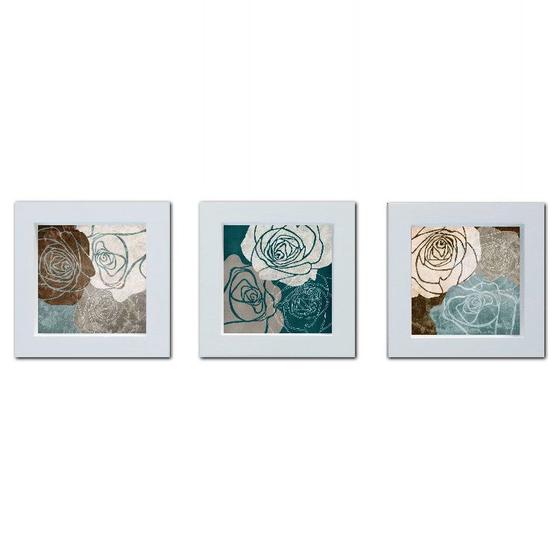 Imagem de Trio de quadros de flores em tom de azul moldura branca 14cm