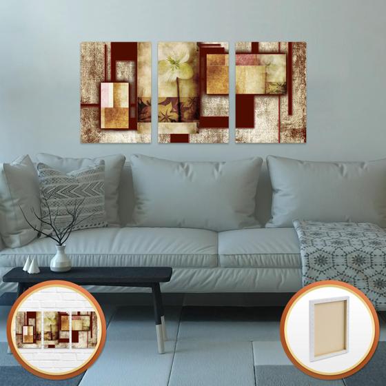 Imagem de Trio de Quadros Decorativos Abstrato Floral para Sala de Estar e Jantar 60x120