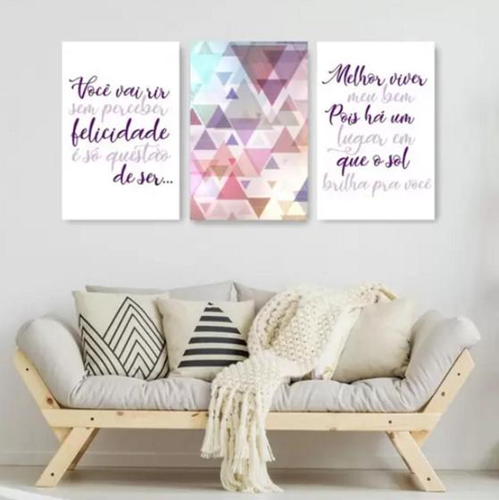 Imagem de Trio De Quadros Decorativos Felicidade É Só Questão De Ser Lilás"