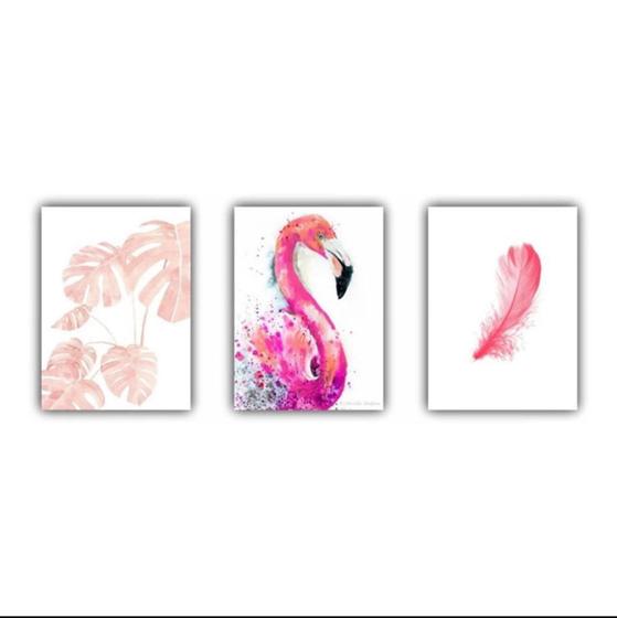 Imagem de Trio De Quadros Decorativos flamingos rosa"