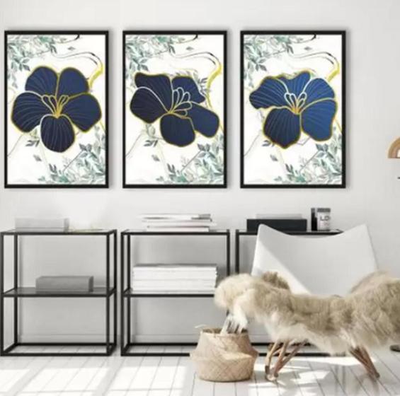 Imagem de Trio De Quadros Decorativos Flores Azul"