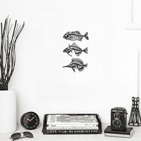 Imagem de Trio De Quadros Decorativos Peixes Em Mdf Laminado Preto Esqueleto Espinha Aplique de Parede