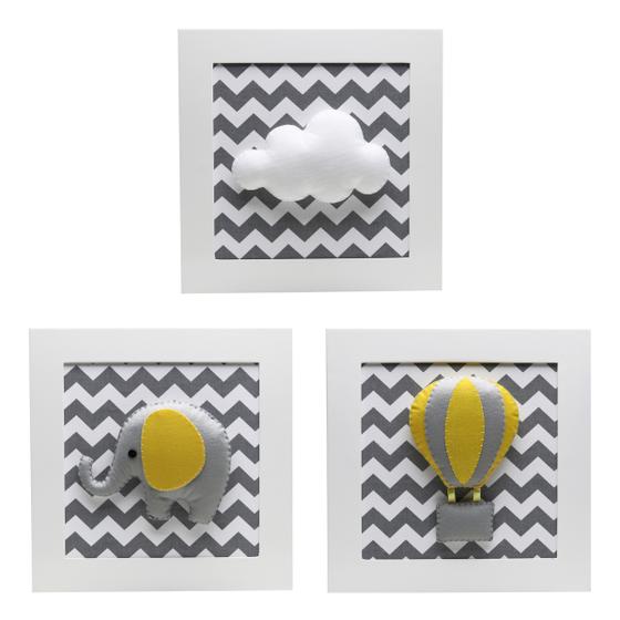 Trio De Quadros Elefante Balão Cinza Quarto Bebê Infantil Menina Menino Menor preço em Trio De Quadros Elefante Balão Cinza Quarto Bebê Infantil Menina Menino