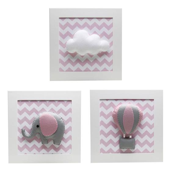 Imagem de Trio De Quadros Elefante Balão Rosa Quarto Bebê Infantil