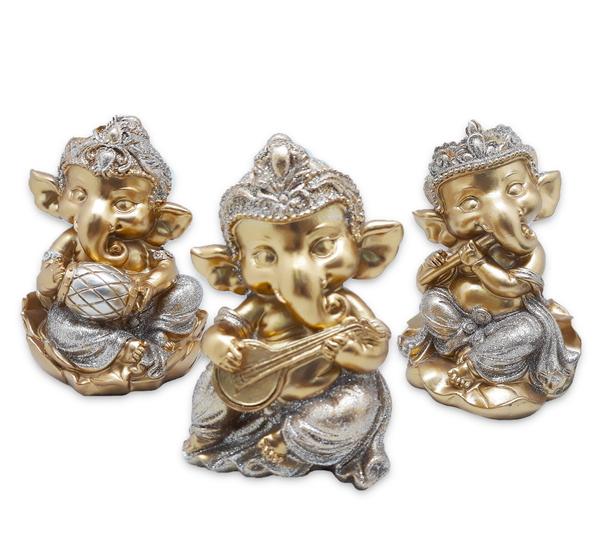 Imagem de Trio Ganesha da Prosperidade Ganesha Músico Gold 14 cm