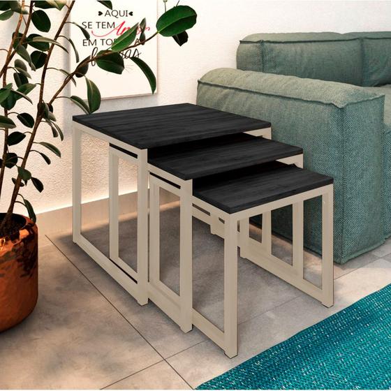 Imagem de Trio Mesa Lateral Industrial Isabella Tampo Preto Base Ferro Off White