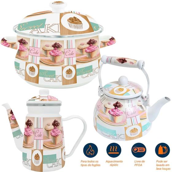 Imagem de Trio Panela Chaleira Bule Cake Esmaltados À Indução Vintage