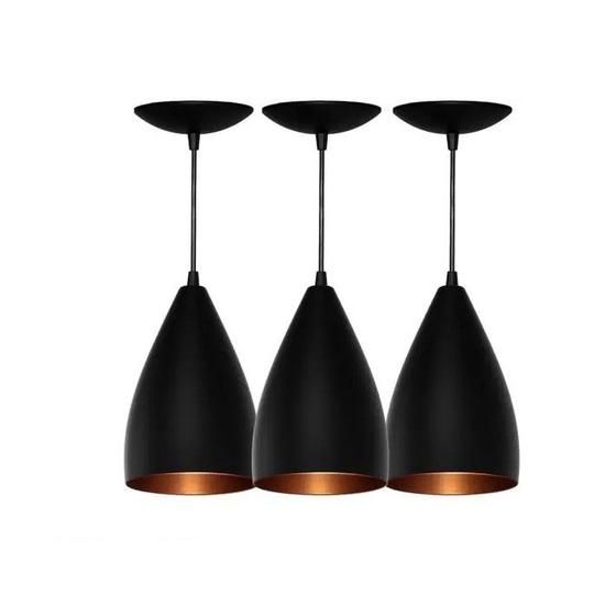 Imagem de Trio Pendente Cone Preto Com Cobre Bancada Cozinha Gourmet