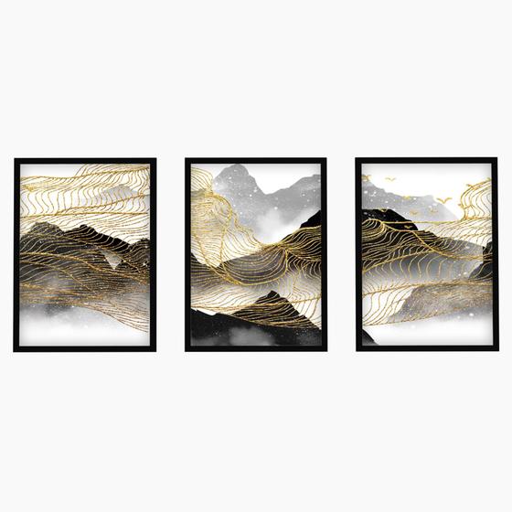 Imagem de Trio Quadro Decorativo Mosaico Moldura Vidro Paisagem Dourado Sala Escritório Recepção