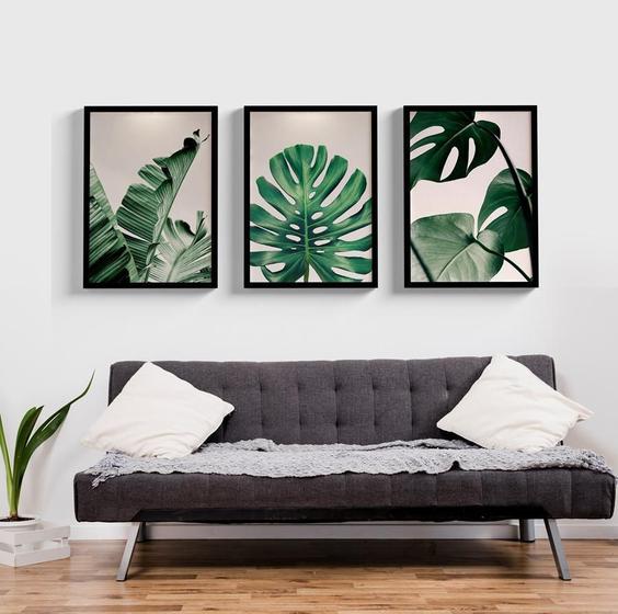 Imagem de Trio Quadros Decoração Sala Folhas Costela De Adão Natureza