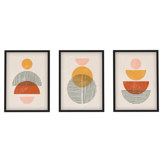 Imagem de Trio Quadros Decorativos Abstratos Moldura e Vidro Formas Redonda Geométrico