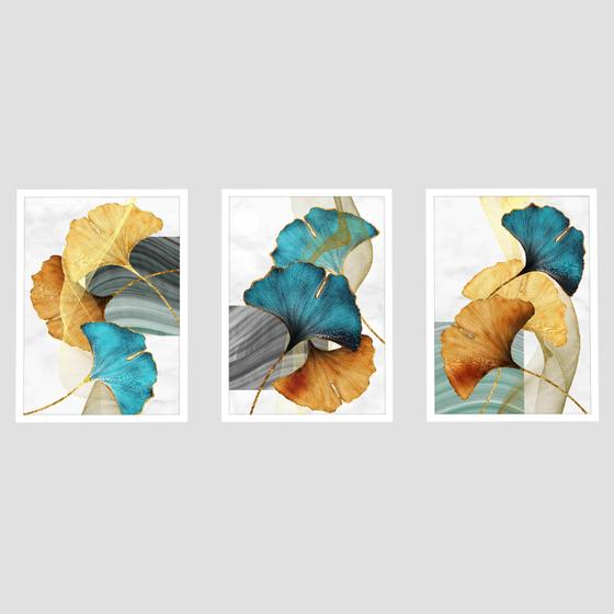 Imagem de Trio Quadros Decorativos Flores Abstrato Moldura e Vidro Para Quarto Sala Floral