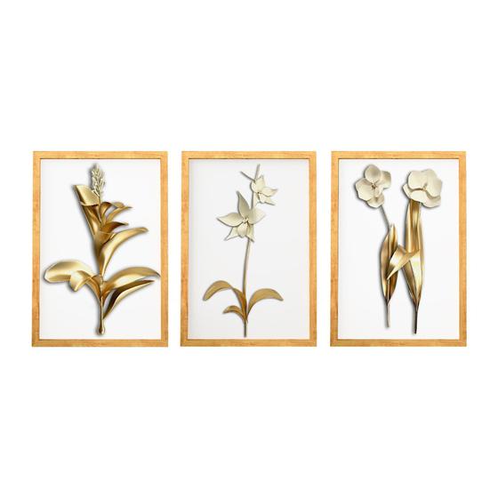 Imagem de Trio Quadros Decorativos Para Sala Modernos Moldura 40X60 Flores Floral Dourado Quarto