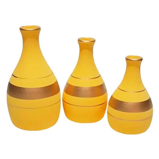 Imagem de Trio Vasos Garrafas Em Cerâmica Fosca De Sala Amarelo Golden