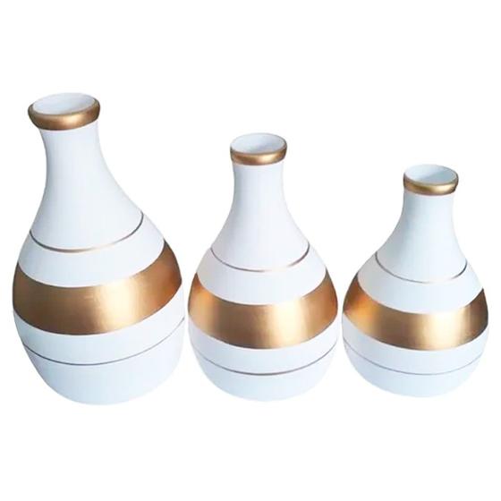Imagem de Trio Vasos Garrafas em Cerâmica Fosca de Sala Decor - White Golden