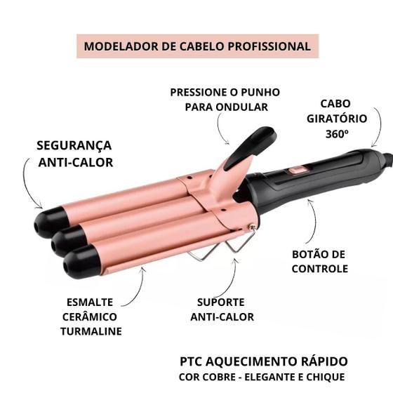 Triondas Modelador de Cachos Profissional 25mm Bivolt Prancha Turmalina Cerâmica Ondas Perfeitas Anti Estático - Fogomax