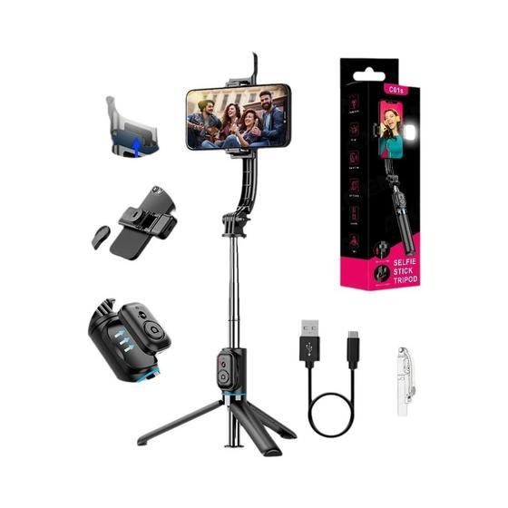 Imagem de Tripé Bluetooth Selfie Stick Com Suporte Destacável De Luz De Preenchimento Para Huawei iPhone
