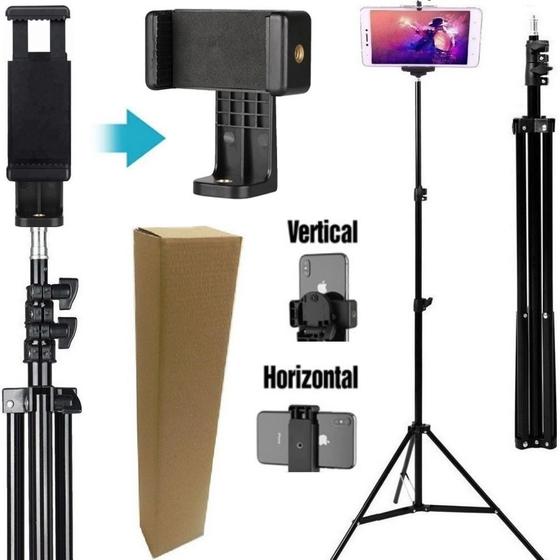 Imagem de Tripé Pedestal 2 Metros + Suporte para Celular Vertical Horizontal Vídeo Filmagem Gravação