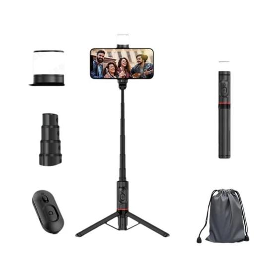 Imagem de Tripé Portátil Bluetooth com Selfie Stick e Luz de Preenchimento - Compatível com iPhone 13, Huawei e Android