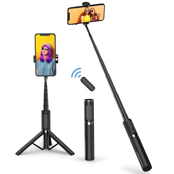 Imagem de Tripé Selfie Stick 3 em 1 com Bluetooth em Alumínio Preto para iPhone/Samsung (70 characters)