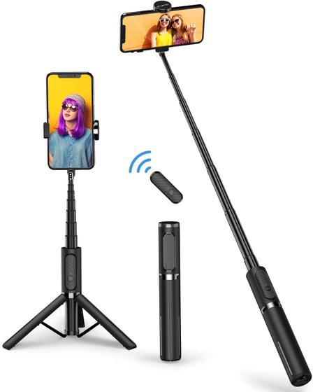 Imagem de Tripé Selfie Stick 3 em 1 com Bluetooth em Alumínio Preto para iPhone/Samsung (70 characters)