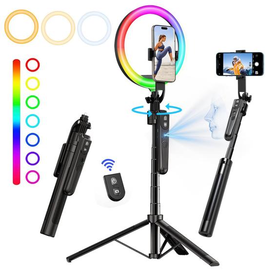 Imagem de Tripé YaYusi com Rastreamento Automático de Face - Rotação 360° e Anel de Luz RGB de 10"