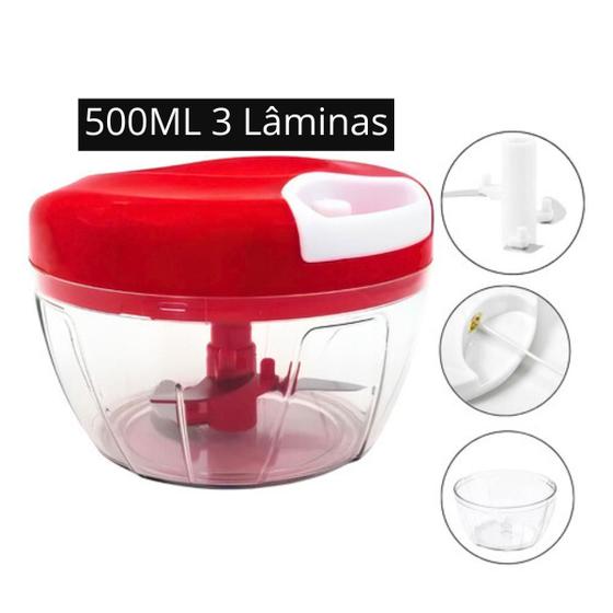 Imagem de Triturador Alho Legumes Mini Processador Manual Cortador Picador 3 Lâminas Inox 500ML - 123Util