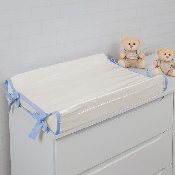 Imagem de Trocador Americano Comoda Fraldas Impermeável Anatomico Com Abas Bebê Enxovais Capa Plástica Off White com Azul Bebe