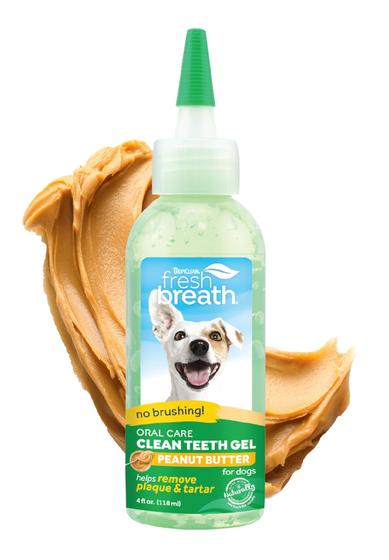 Imagem de TropiClean Fresh Breath NO BRUSH Sabor de manteiga de amendoim Clean Teeth Gel de higiene bucal para cães, 4oz - Gel de creme dental para cuidados dentários ajuda a remover a placa bacteriana e o tártaro + ambientador