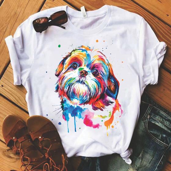 Imagem de Tshirt Shtizu aquarela - cão - cachorro - Camiseta Branca