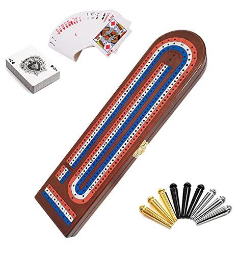 Imagem de TUAHOO Wooden Cribbage Board Game Set com 3 Track Cribbage Board, 9 pinos de metal, Jogando Cartas Jogo de tabuleiro de mesa para crianças Adultos Jogos de família