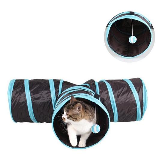 Imagem de Túnel para gatos Dobrável Com Bolinha em T - Preto e Azul