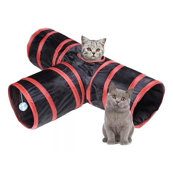 Imagem de Túnel Pet Gato Formato T Dobrável Nylon 3 Saídas Vermelho Petlon
