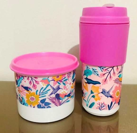 Imagem de Tupperware Importado Kit Copo De Viagem + Redondinha Flores