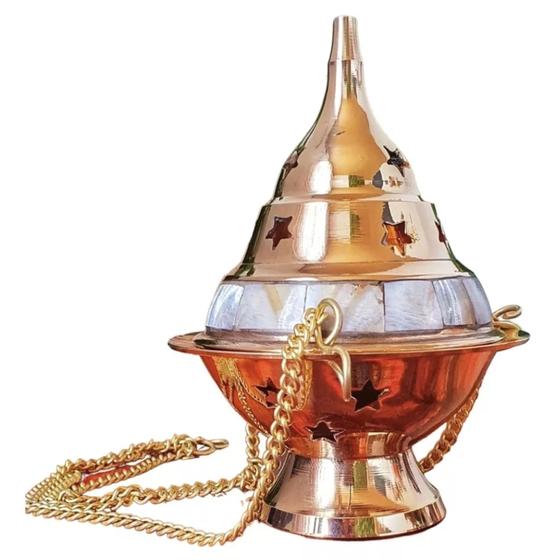 Imagem de Turíbulo Incensario Defumador Bronze Indiano Metal Dourado Madre Perola